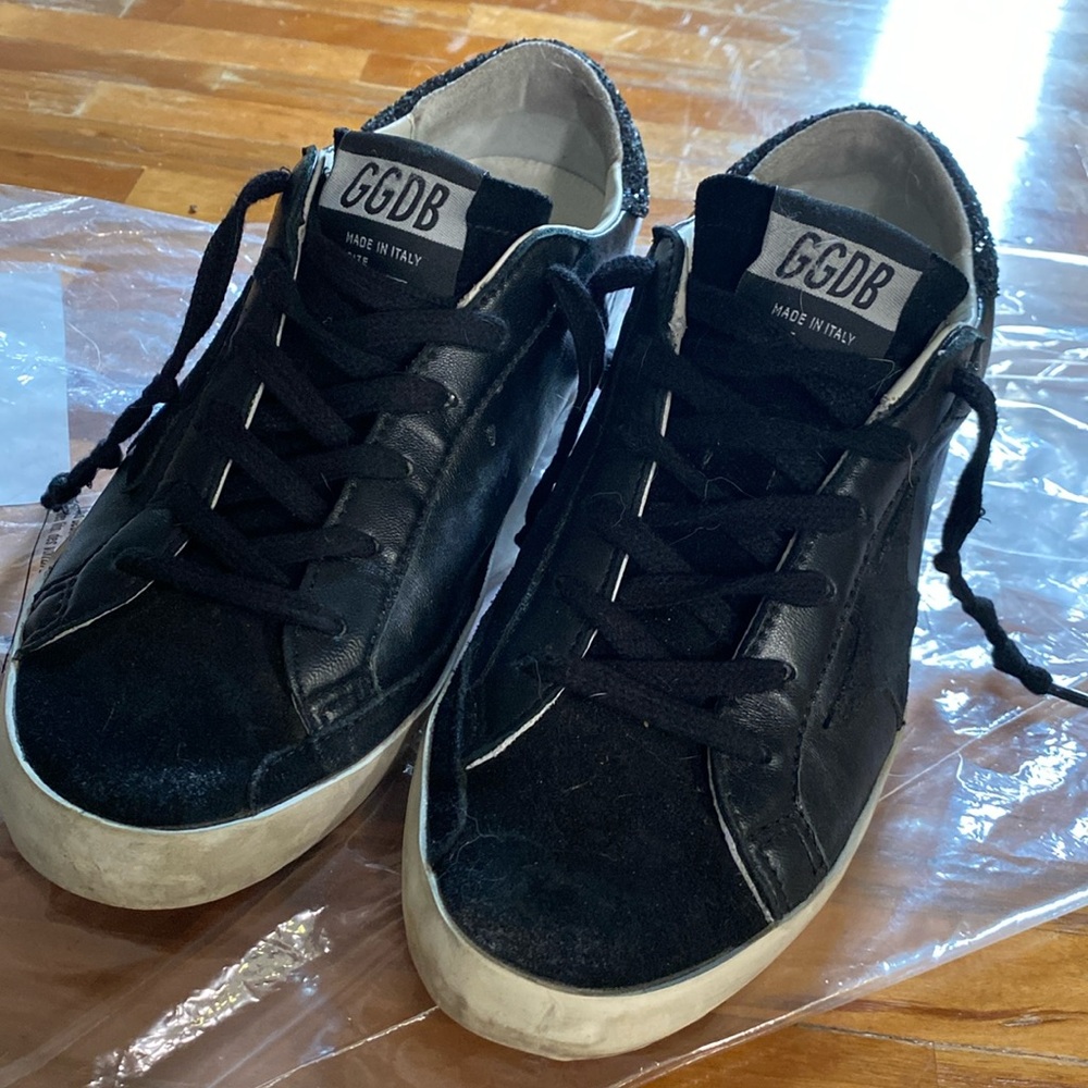 Golden Goose Black Low-Top Sneakers with White Sole and Glitter Heel